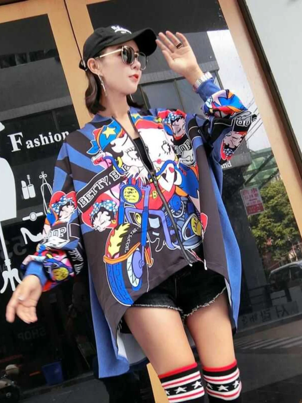 Street Style Cartoon Printed Irregular Front Short Back Length Thin Coats Women 2024 Spring Loose Cardigan Coat Fashion Shirt