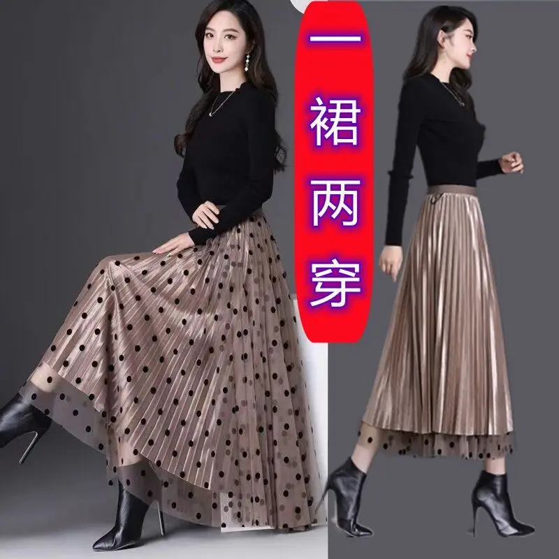 New Polka Dot Mesh Skirt  Women High Waist A Line Long Skirt Two Side Wear Pleated Skirts Print Harajuku Vintage Clothes Fashion