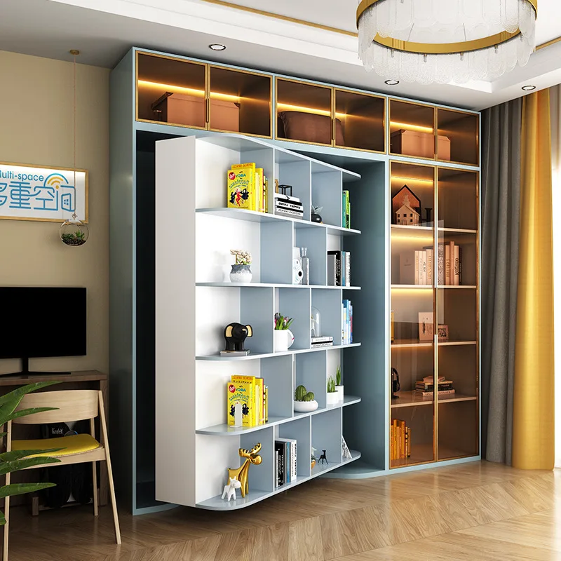 Bookcase wardrobe rotating invisible bed, multi-functional rotating