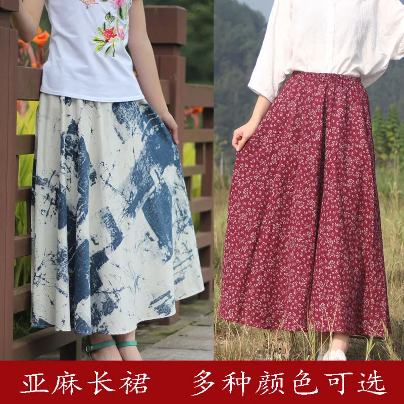 

Bohemian Maxi Skirts for Women Cotton and Linen Elastic Waist Printed A-line Skirt Loose Pleated Long Skirts Female Streetwear