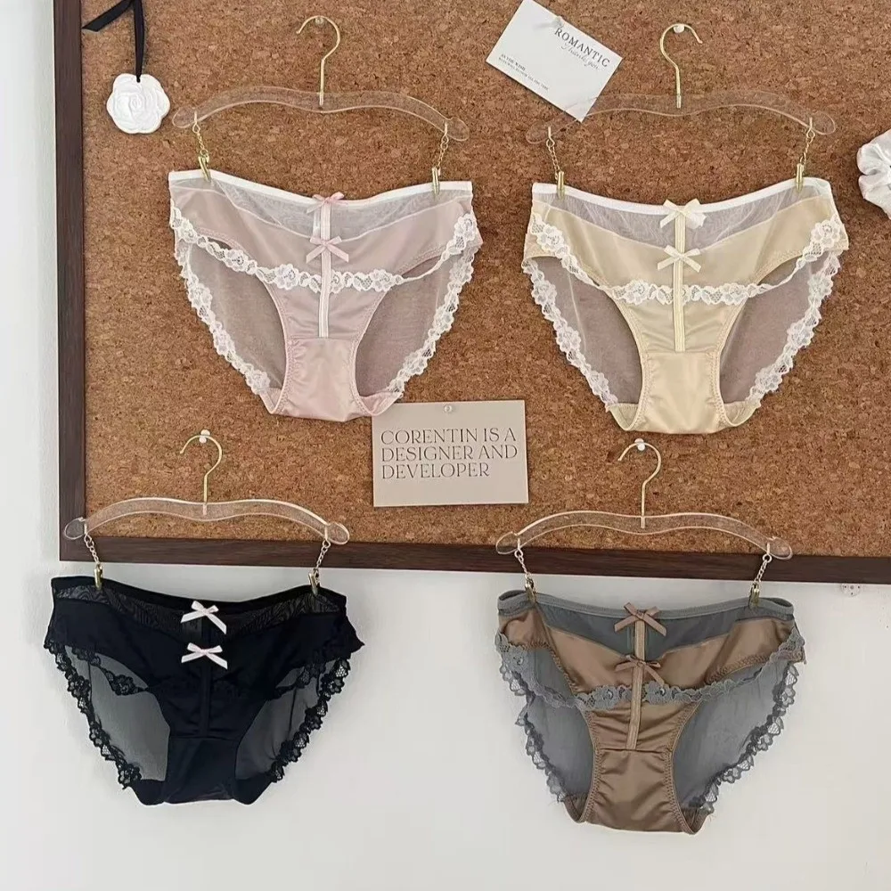 

Fashion Bow Lace Flower Panties Transparent Seamless Underwear for Women Patchwork Mid Waist Mesh Lace Briefs Lady