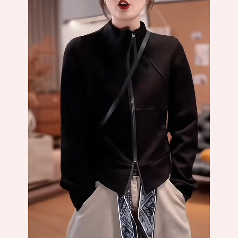 Ele Fce 라인드 후디 재킷 여성 슬림핏 따뜻한 캐주얼 스탠드 칼라 지퍼 가을 겨울 패션 아우터웨어 탑