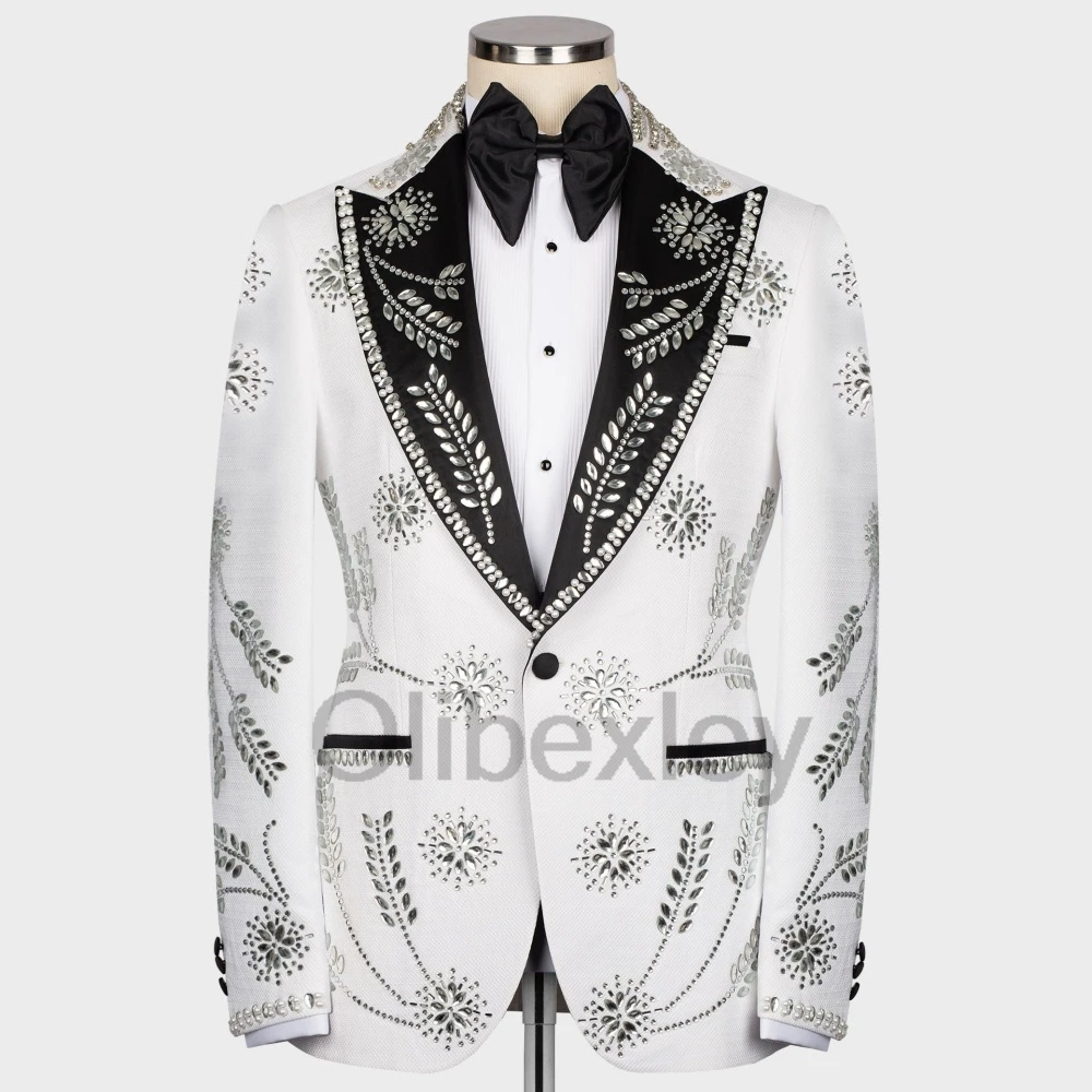 Olibexley Sparkly White Crystals Diamond Tuxedos Men Suits Slim Fit Wedding Male Groom Blazers 2 Pieces Sets Customized S173