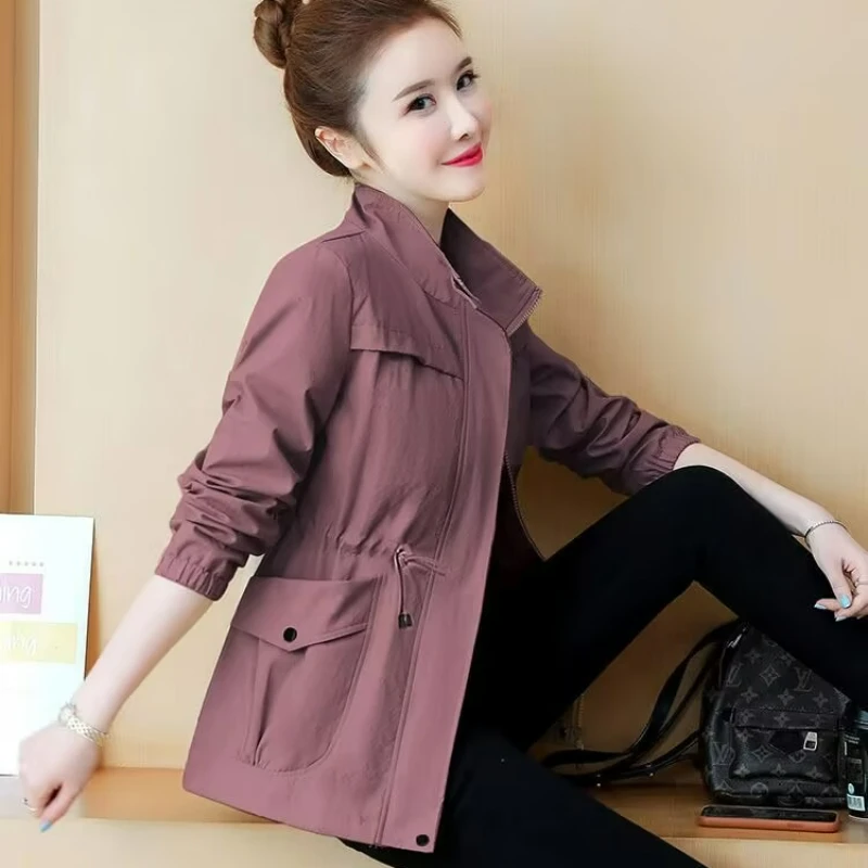 

2025 Double Layer Women Plus Size Spring Autumn Korean Plus Size Lining Windbreaker Drawstring Waist Stand Collar Jacket