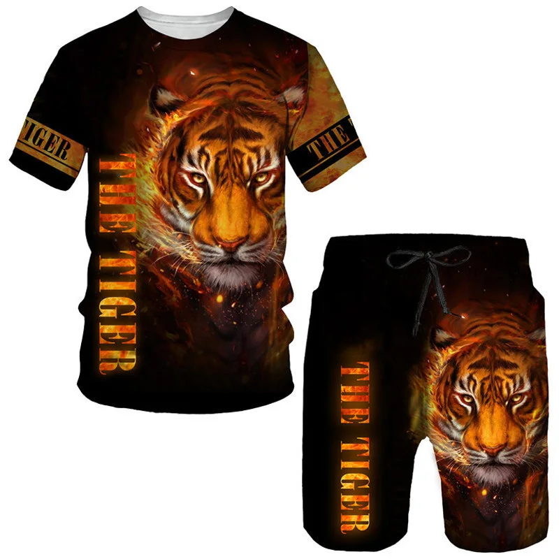 Camisetas e shorts masculinos com estampa tigre 3D, fatos de treino animais, camiseta e calça de manga curta extragrande moda, roupas masculinas