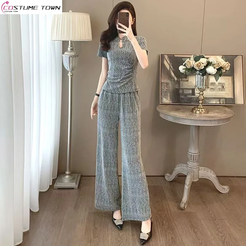 

Fashion suit women's summer new style high-end feeling new Chinese style short sleeved top+casual wide leg pants two-piece set