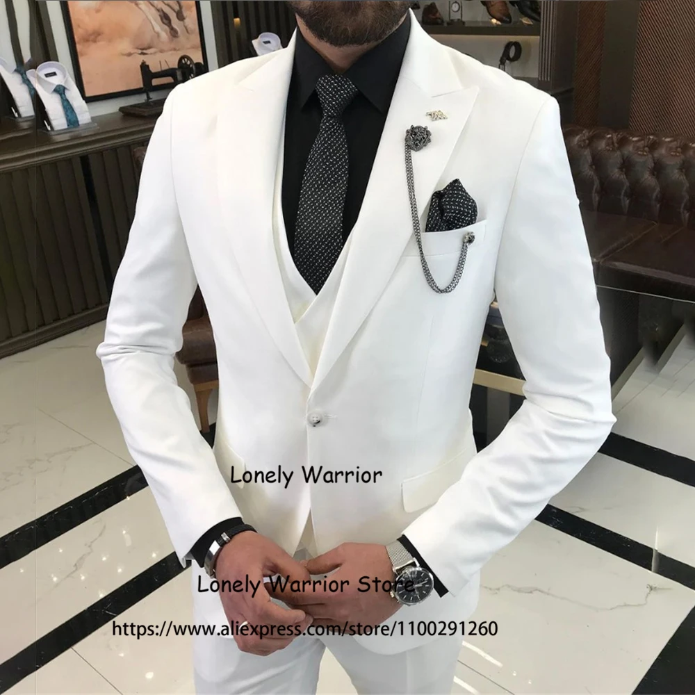 

Handsome White Suit For Mens Slim Fit Wedding Groom Tuxedo Daily Blazer Hombre Groomsman 3 Piece Jacket Vest Pants Costume Homme