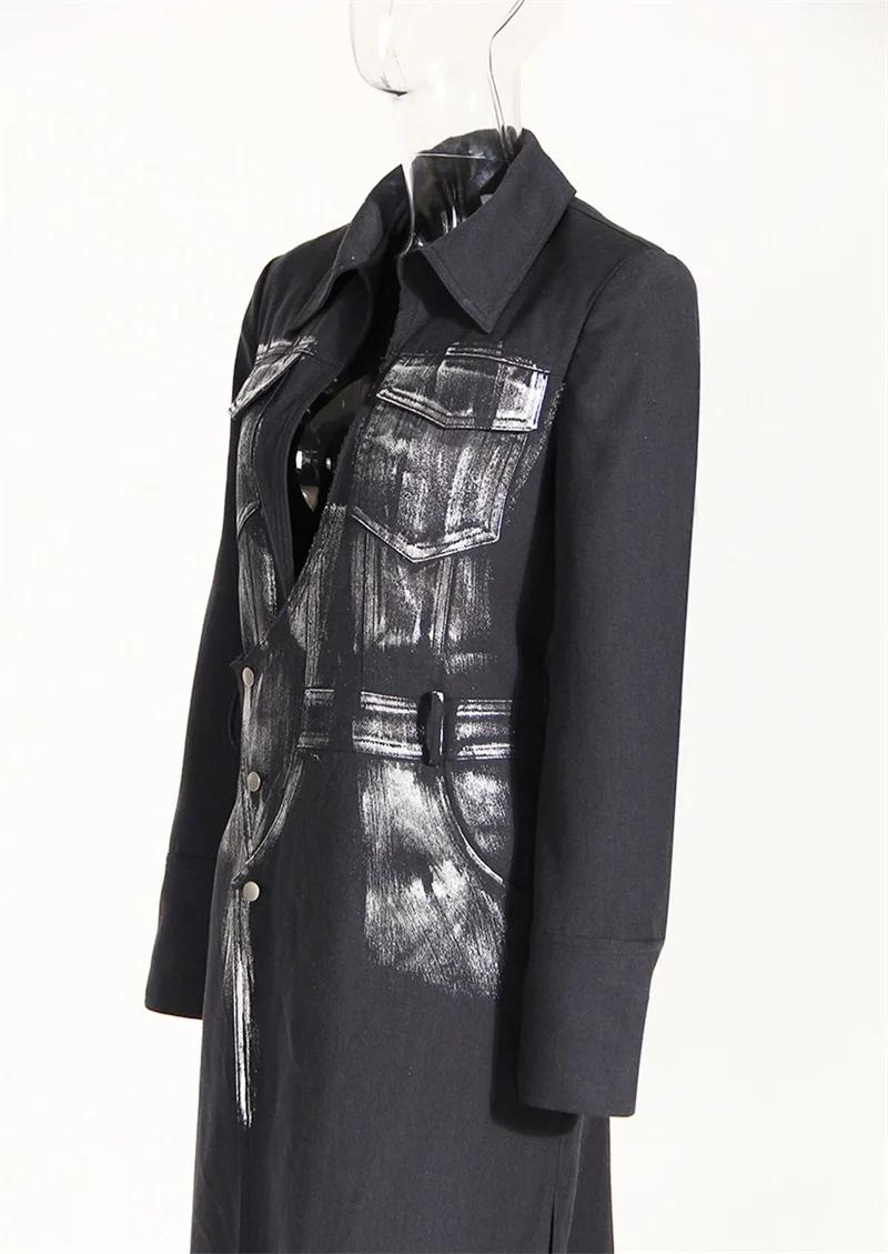 Veste longue imbibée faite à la main avec pinceau en métal argenté, manteau d'automne, style artiste rock, conception de niche, nouveauté, en stock