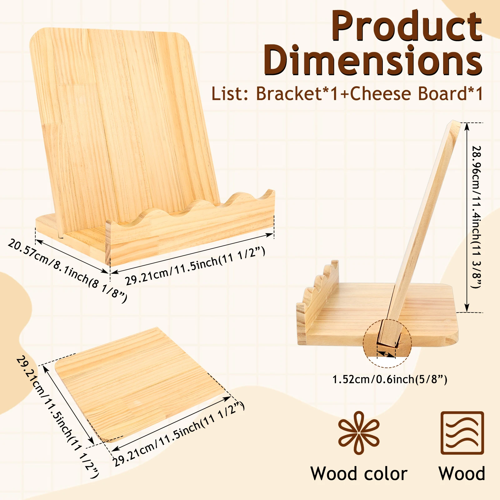 1Pc Wooden Cookbook Stand Scalloped Recipe Book Holder with Removable Cutting Board Multi-purpose Charcuterie Boards for Kitchen