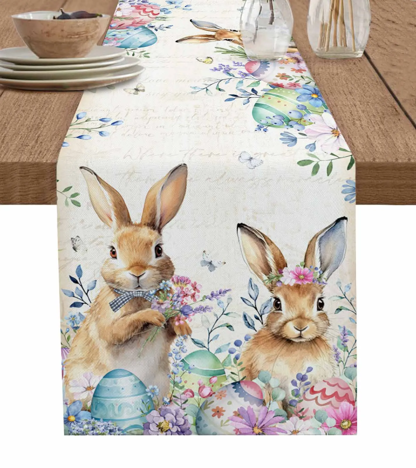 

Easter Eggs Bunny Spring Flower Retro Table Runner Cotton Linen Wedding Decor Tablecloth Holiday Kitchen Decor Table Runner
