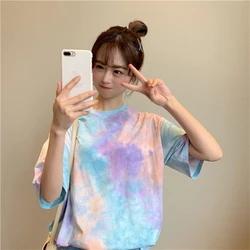 Tie Dye Summer T-Shirt Cotton Colorful INS Fashion Short Sleeve Tshirt For Women High Streetwear Y2K Crop Tops Casual Loose Tees