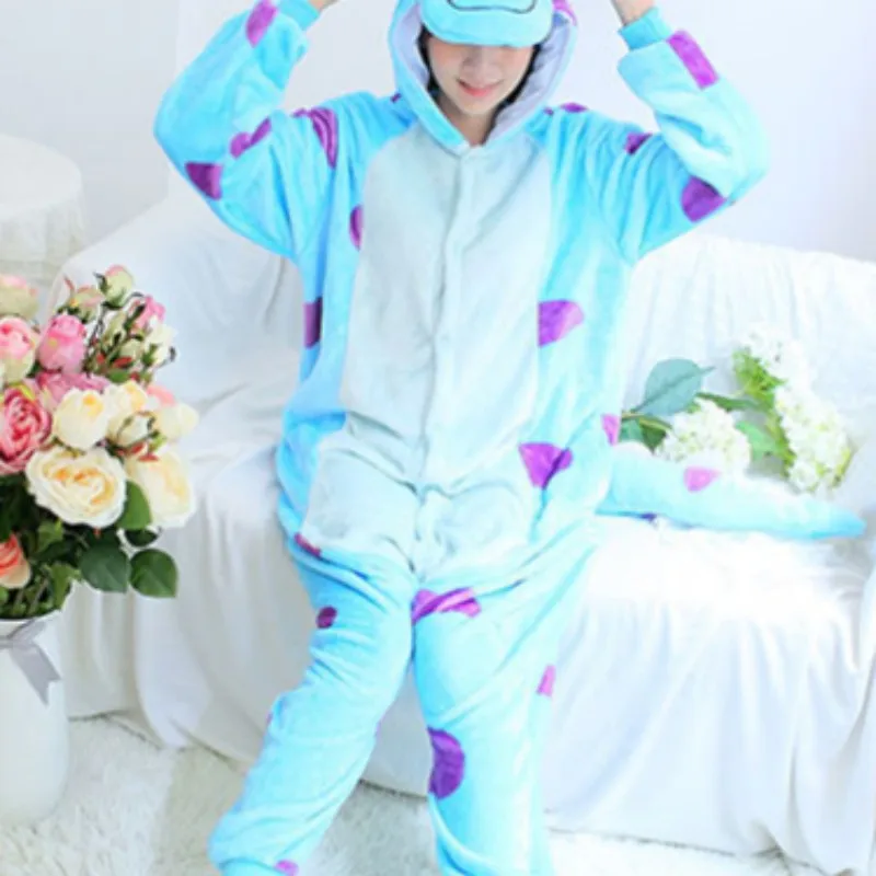 Winter Cosplay Adult Blue Green One-Piece Loose Fitting Animal Cartoon Pajamas Hooded Button Type Costume Length To Ankle  