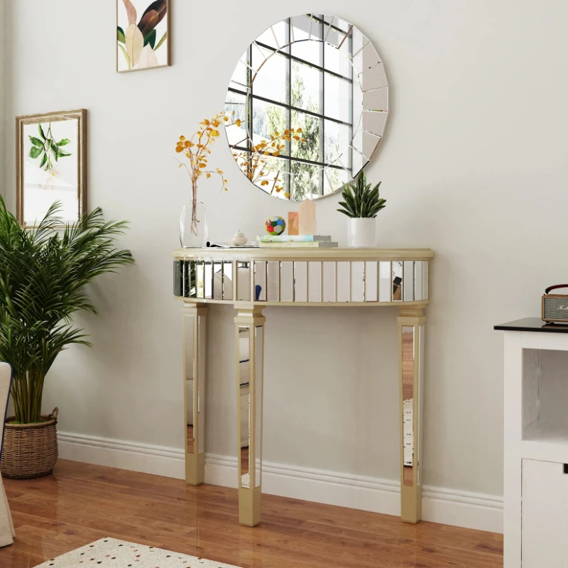 

Ornate Mirrored Half Moon Console Table Living Room Silver Hallway Makeup Vanity Table Demi Lune Furniture