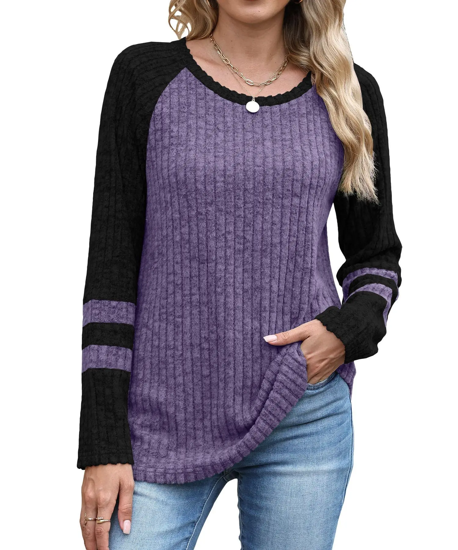 

Women's Autumn Color Block Raglan Sleeve Sweater Crew Neck Long Sleeve Ribbed Knit Hem Casual Loose Top for Daily Work Outfit