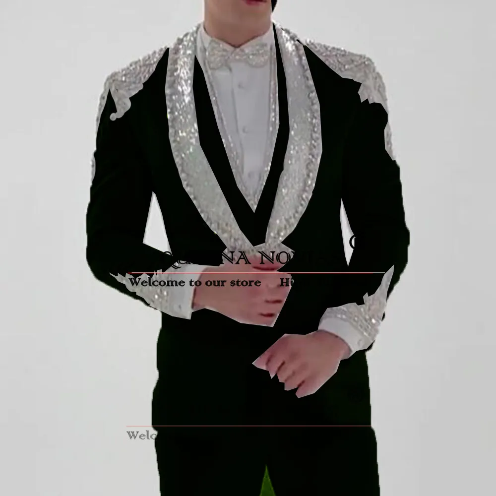 Crystals Beaded Groom Wedding Tuxedo Cusotmized Sparkly Sequins Lapel Blazer Formal Party Reception Suit Men Slim Fit Man Dress