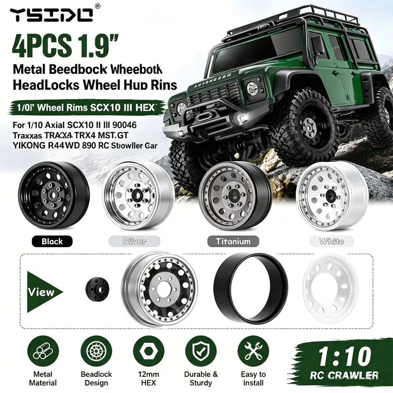 4 Stück 1,9 Zoll Metall-Beadlock-Felgen für 1/10 Axial SCX10 II III 90046 Traxxas TRX4 MST RGT YIKONG RC4WD D90 RC Crawler Auto