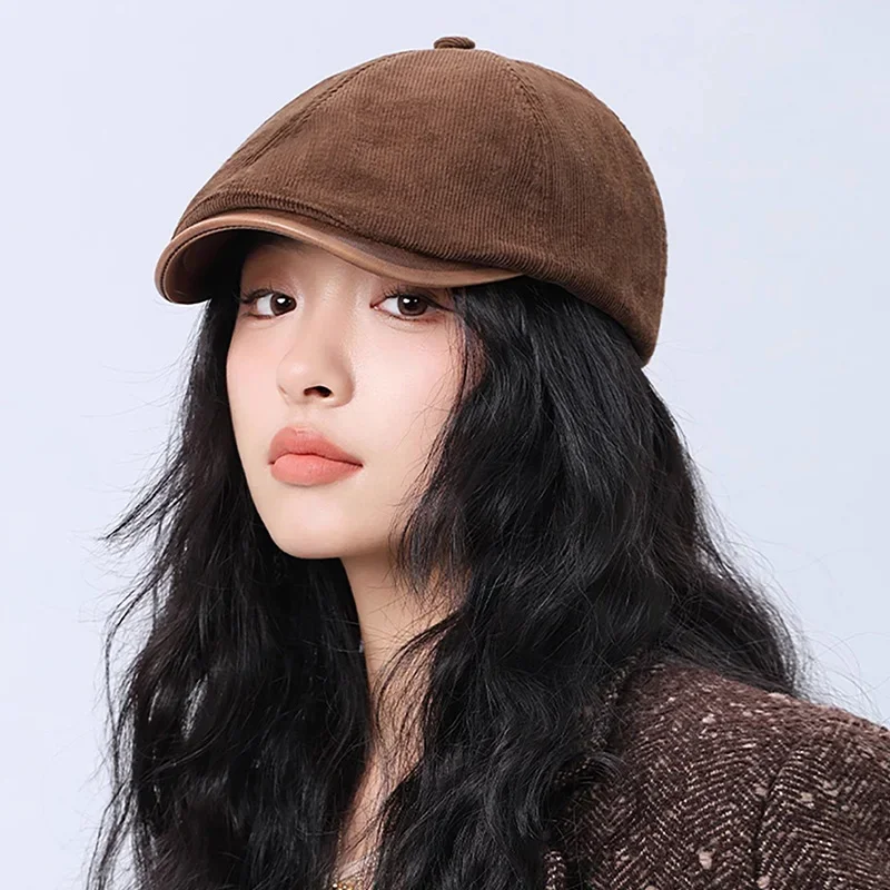 단색 가을 겨울 여성 베레모 빈티지 코듀로이 포워드 캡 캐주얼 소녀 아티스트 화가 모자