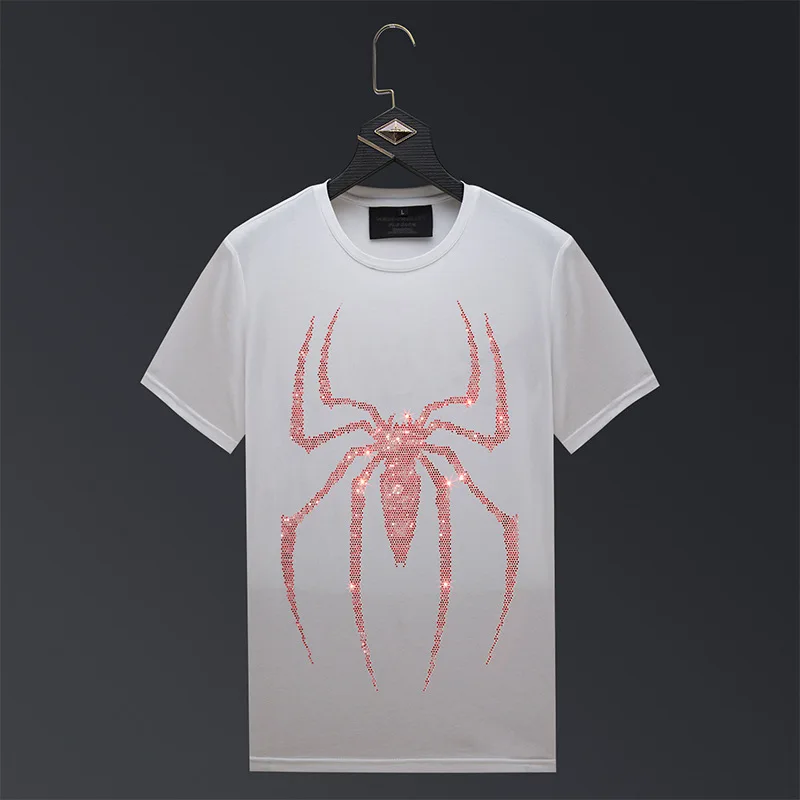 2024 Summer Casual T Shirt Women Red Spider Rhinestones Fashion Streetwear Short Sleeve O Neck Slim Tee Shirt Femme Plus Size