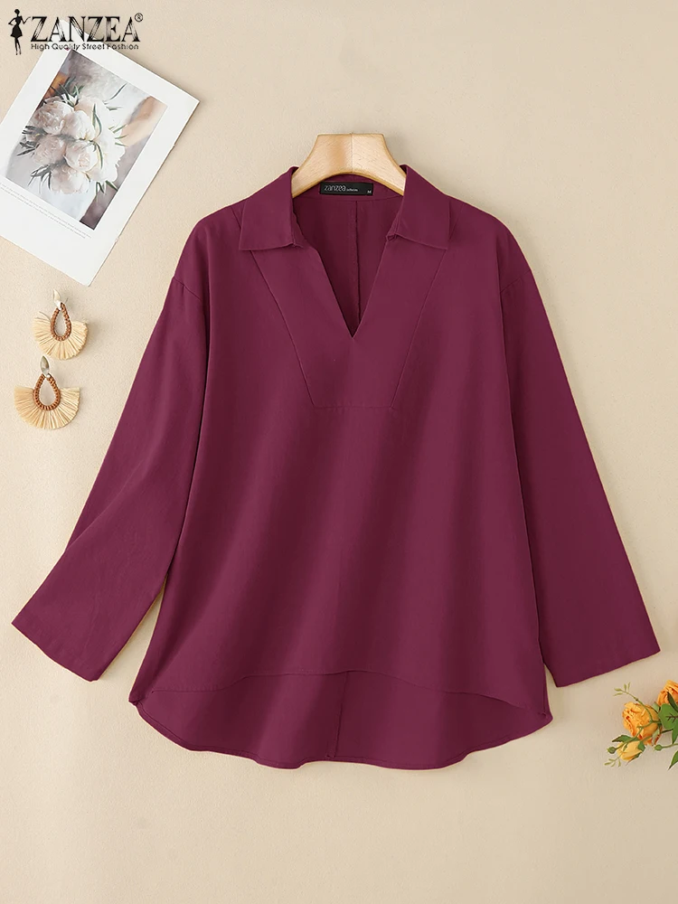 

ZANZEA Women 2025 Autumn Fashion Cotton Linen Blouses Casual Loose V-Neck Long Sleeve High-Low Blusas Mujer Everyday Solid Tops
