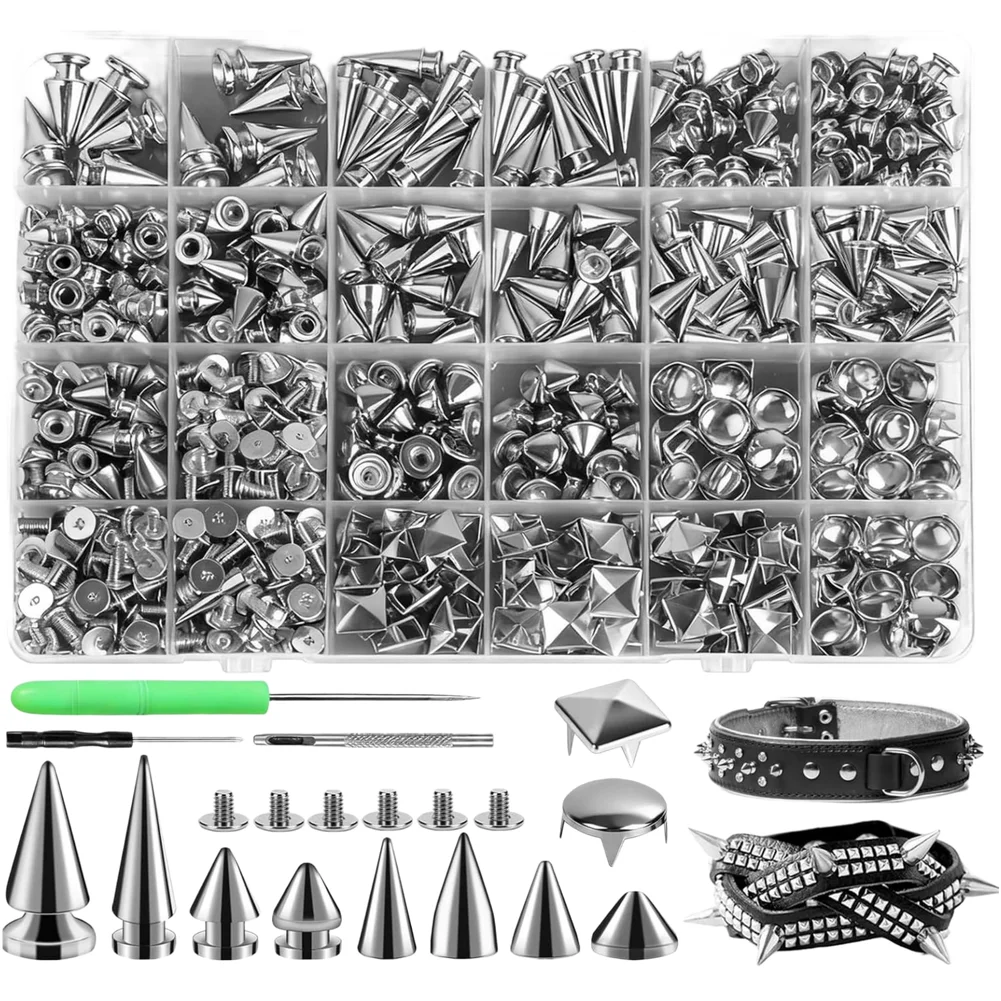 

Metal Punk Rivet Kit 600 Pieces Featuring Zinc Alloy Nails Iron Screws Tools and Portable 24-Compartment Storage Box