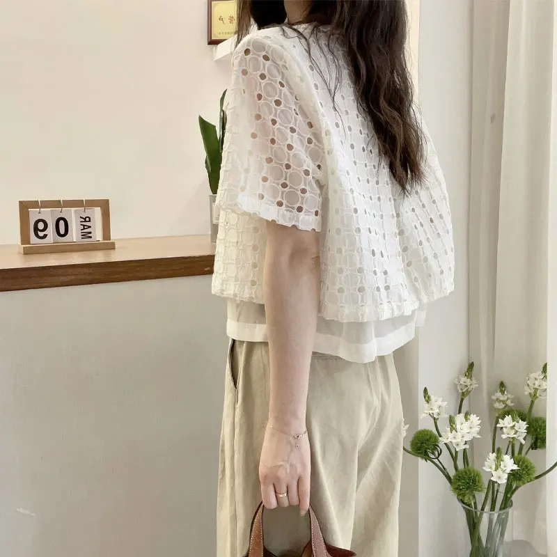 Female Clothing Fashion Hollow Out Blouse Summer Fake Two Pieces Spliced Korean Short Sleeve Loose Casual Single-breasted Shirt