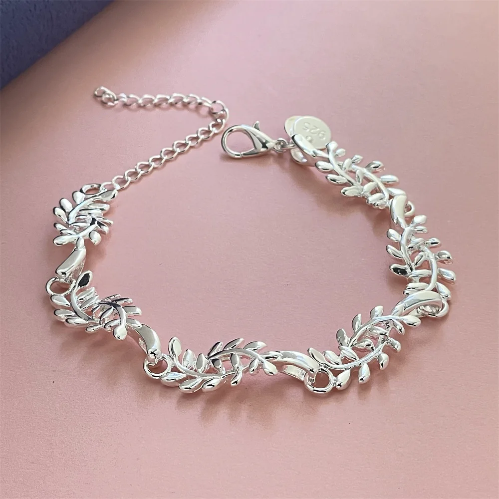 925 Sterling Silver Bracelet Leaf Feather Exquisite Women Fashion Wedding Party Gift Jewelry