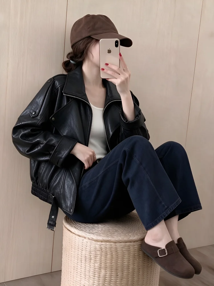 Cool Short PU Leather Jacket Women's Zipper Motorcycle Clothes Street Style Warmth Straight Tube Type Long Sleeve Pure Color