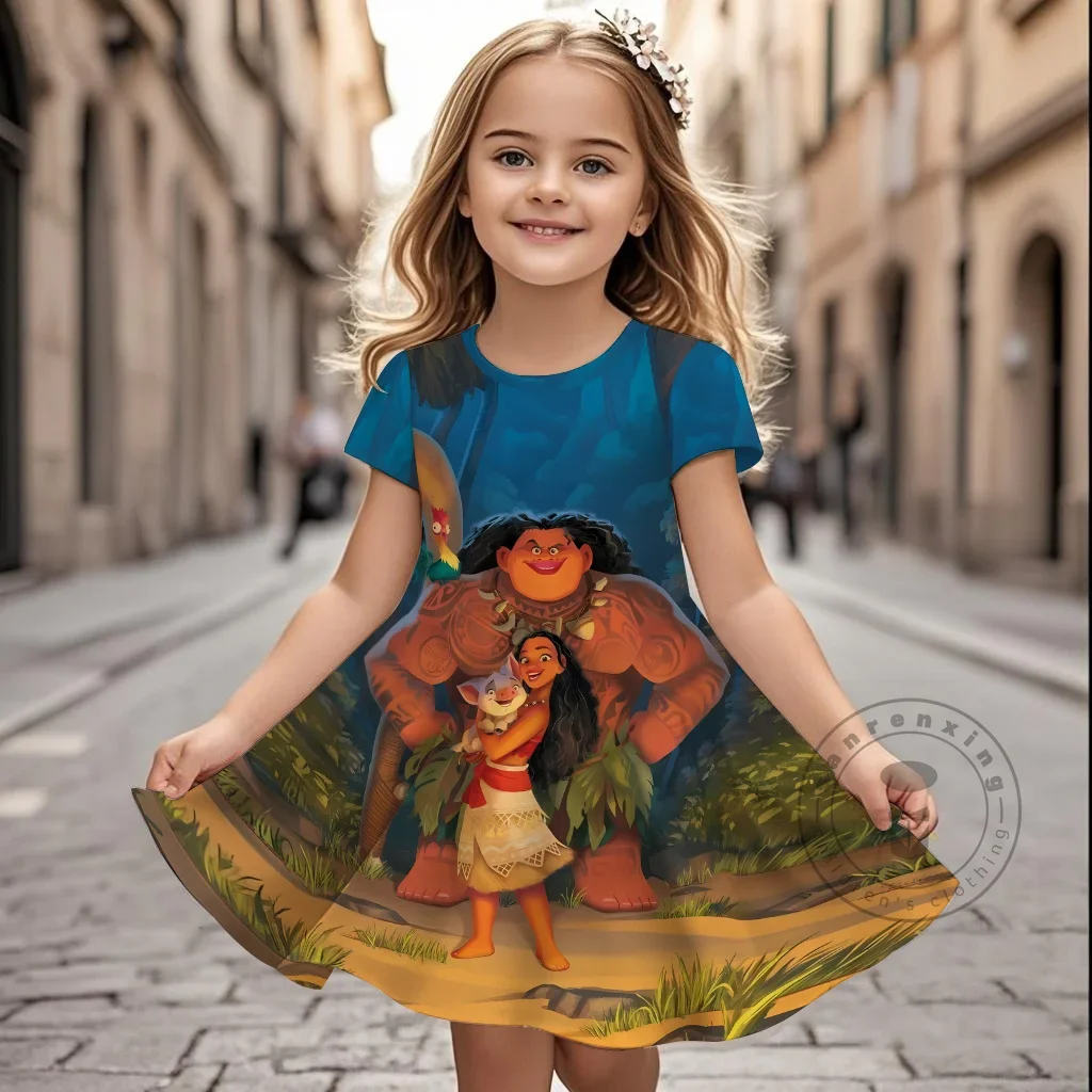 

2025 Disney Summer New Moana Cartoon Print Children's Dress Fashionable Cute And Comfortable Short Sleeve Dress