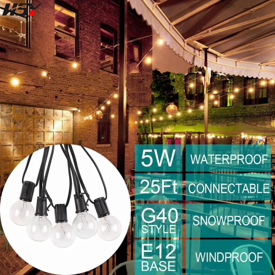 E12 Soket 25FT G40 Küre Ampuller 7W 230V IP44 Bahçe Arka Bahçe Sundurmalar Gazebos Pergolalar Düğün Noel Işıkları Akkor Stri