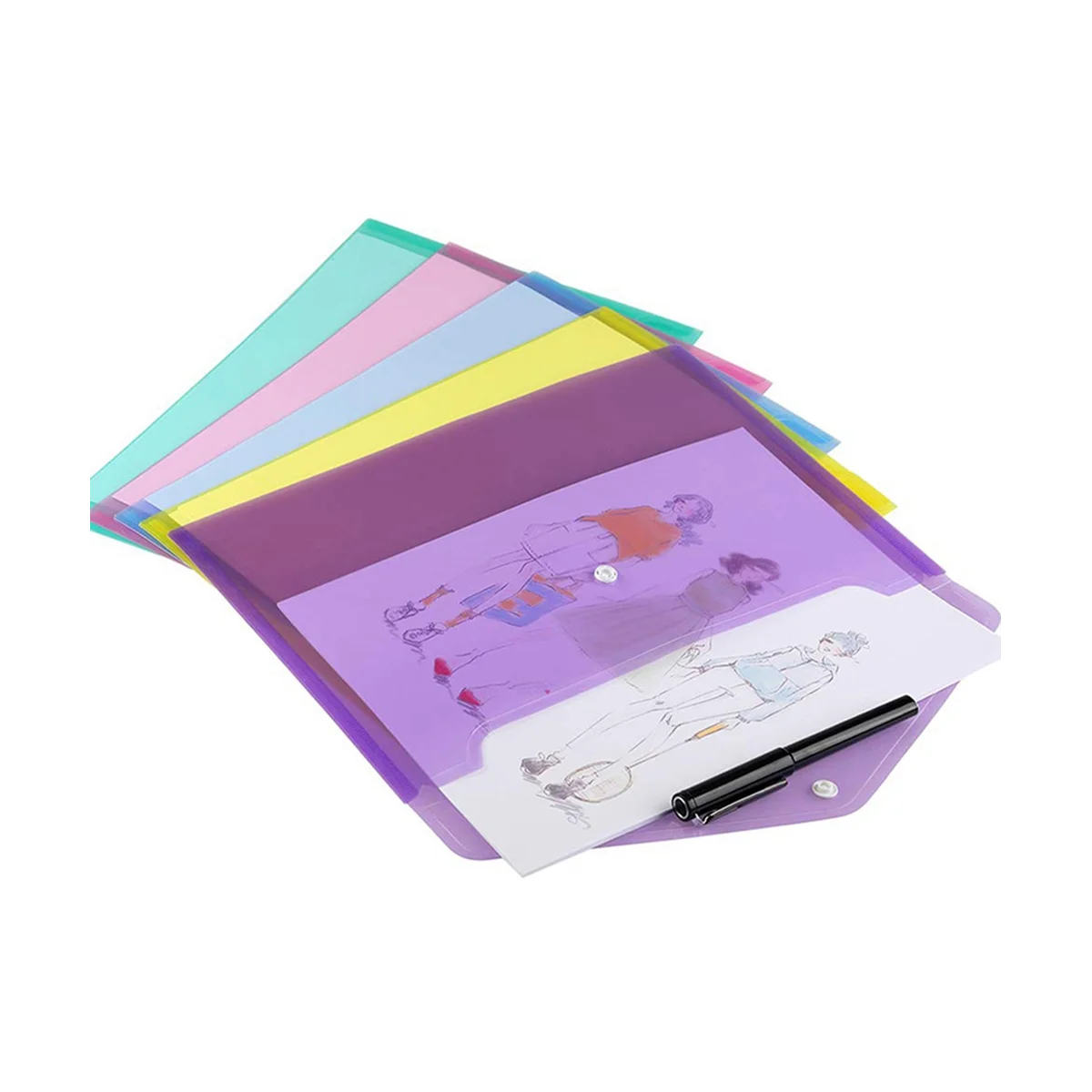 12Pcs Multi File Envelope A4 Plastic PVC Snap Button File Bag with Business Card Holder File Bag 6 Colors