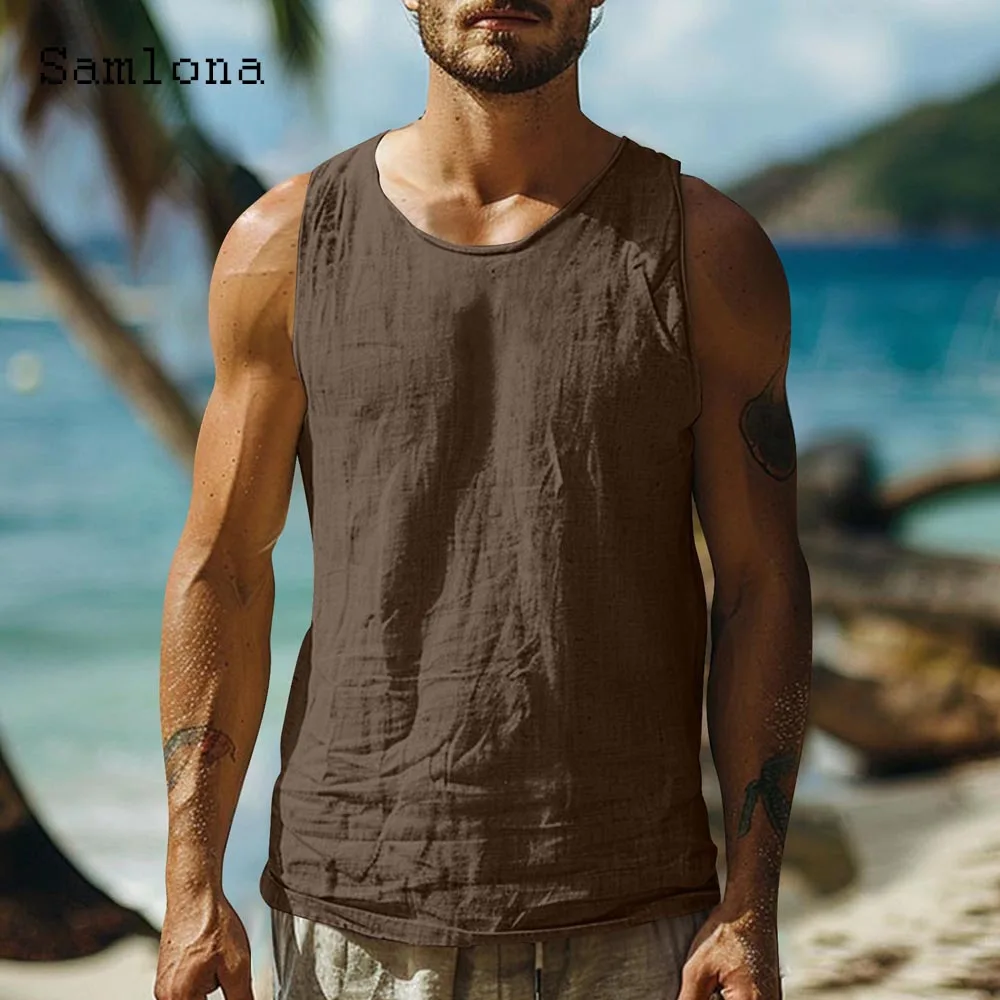 2025 الرجال أكمام تانك القمم جديد الصيف عادية القطن الكتان سترة س الرقبة الشاطئ البلوفرات مثير ملابس رجالي حجم كبير S-4XL #6