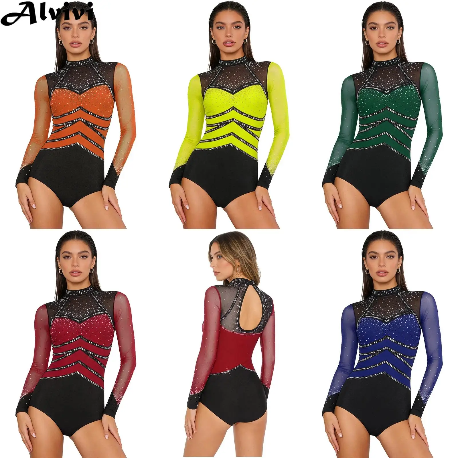 Women Long Sleeve Rhinestone Mesh Button Crotch Figure Skating Bodysuit Gymnastics Acrobatics Ballet Dance Leotard Dancewear