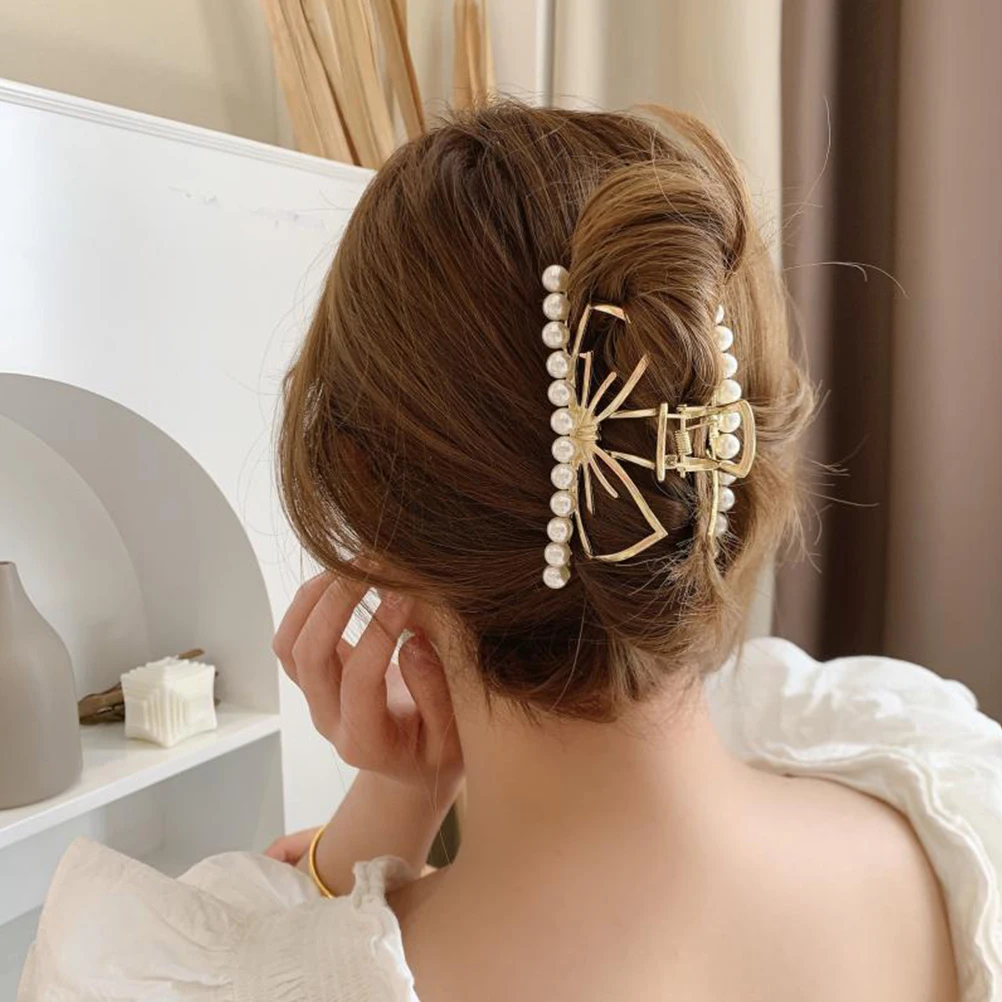 

2pcs Metal Claw Clips Pearls Jaw Barrette Strong Hold Hair Clip For Thick Long Curly Hair Party Travel Shower Home Use Gift For