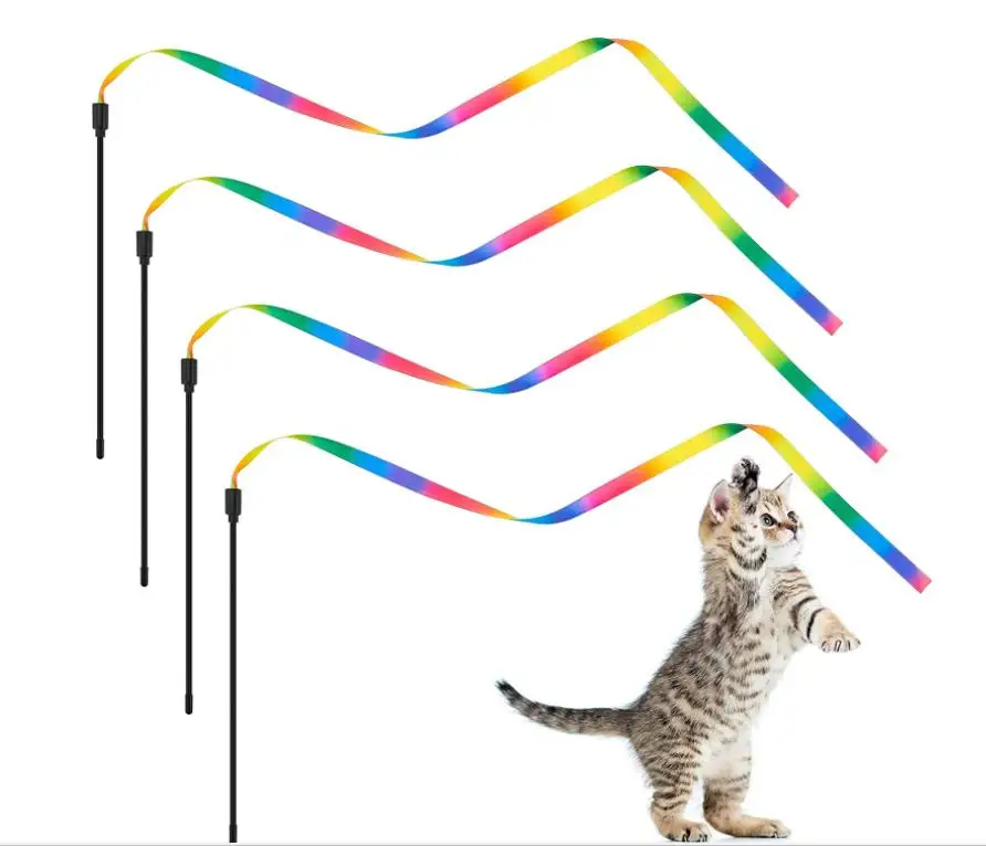 Cat Rainbow Wand Toys Interactive Pet Teaser Catcher Stick String Ribbon Bell Charmer for Kitten Training Exerciser 47'' 50pcs