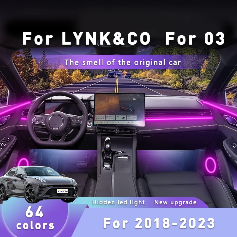 

For LYNK&CO 03 For 2018-2023 64 RGB Car Ambient Lighting Wireless Bluetooth LED Interior Lights Strip For Cars With APP Control
