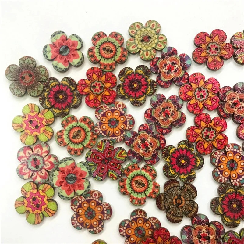 Flower Wooden Buttons for Clothing, DIY Sewing, Scrapbooking Decor, Craft, Needlework Accessories, Retro Series, 20-25mm, 50Pcs