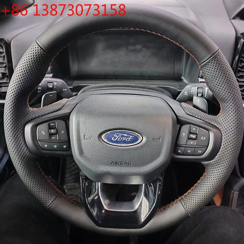 Hand-Stitch Non-slip Side Perforation Black Leather Car Steering Wheel Cover for Ford Ranger Everest 2022-2024 Auto Accessory
