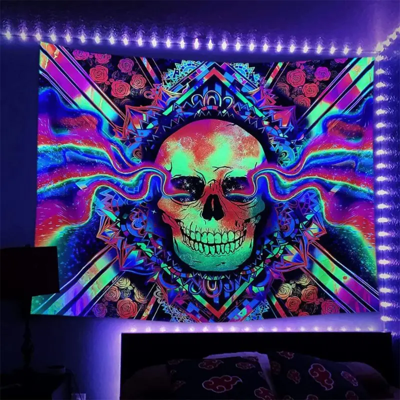 VIKAMA Black Light Mind Altering Skullcap Blossoms Neon Flow UV Active Tapestry Surreal Wall Blanket Decor Soft Durable Cozy