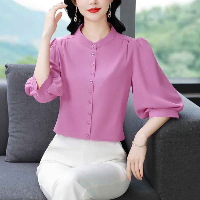 

Chiffon Women's Blouses Korean Vintage Shirts FASHION Loose Spring/Summer Casual Clothing Solid Short Sleeve Women Tops