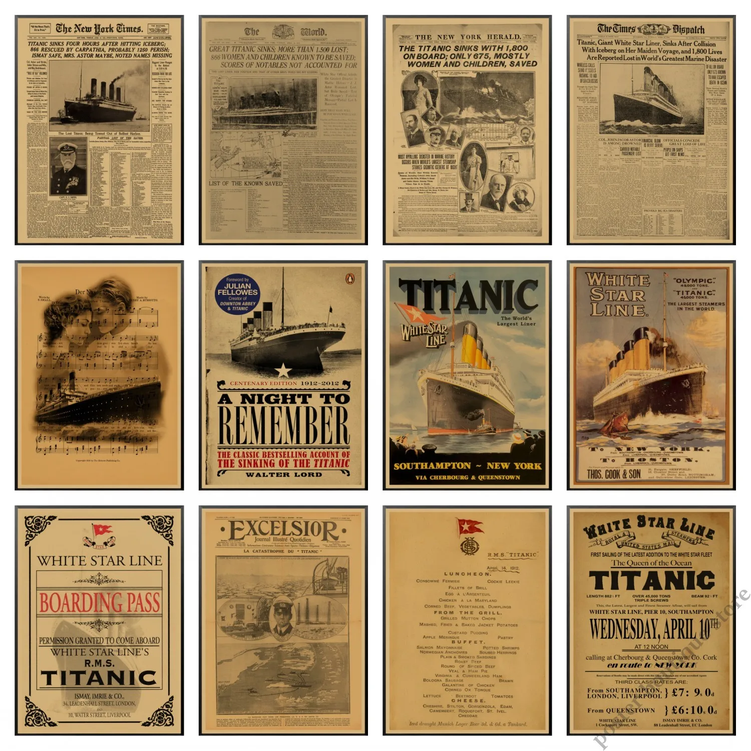 The New York Times Titanic Shipwreck Old Newspaper ,steamer ticket ,Retro Kraft Paper Poster Wall Decorative Paintings