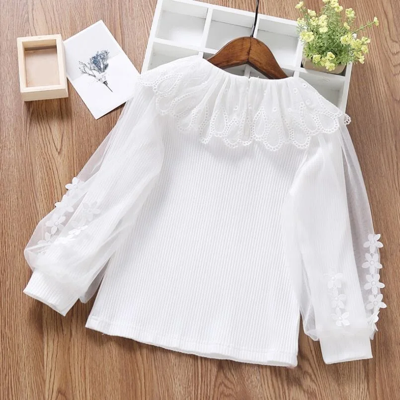 Autumn Cotton Baby Toddler Teen Princess School Girls Blouse White Lace Puff Long Sleeve Girl Shirt Kids Tops Children Clothes