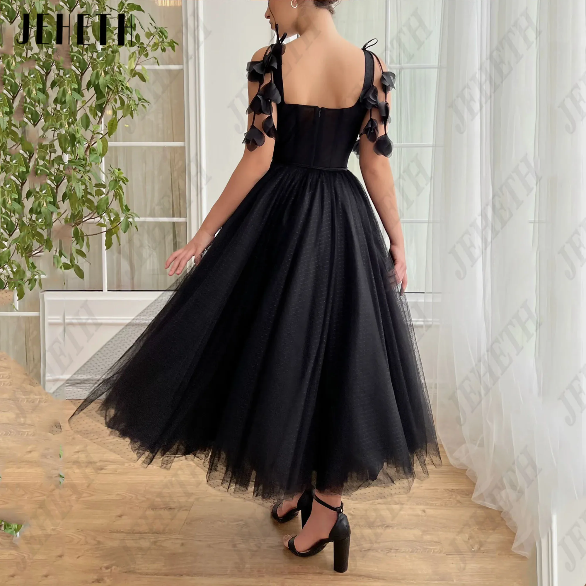 JEHETH Black Sleeveless Prom Dress For Woman Tulle A-Line Strapless Zipper Back Elegant Evening Gowns Vestidos De Gala Custom