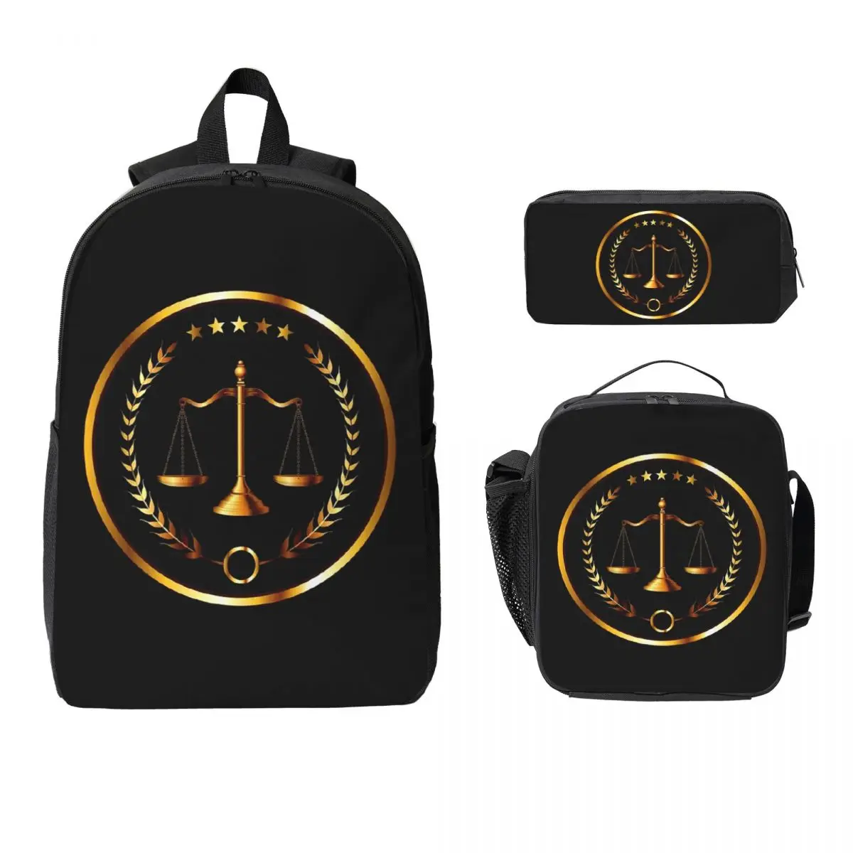 Sac à dos, sac d'école, sac à bandoulière pour ordinateur portable, sac à déjeuner et trousse à crayons (lot de 3) avec motif Balance de la Justice dorée et logo juridique pour avocats et événements juridiques