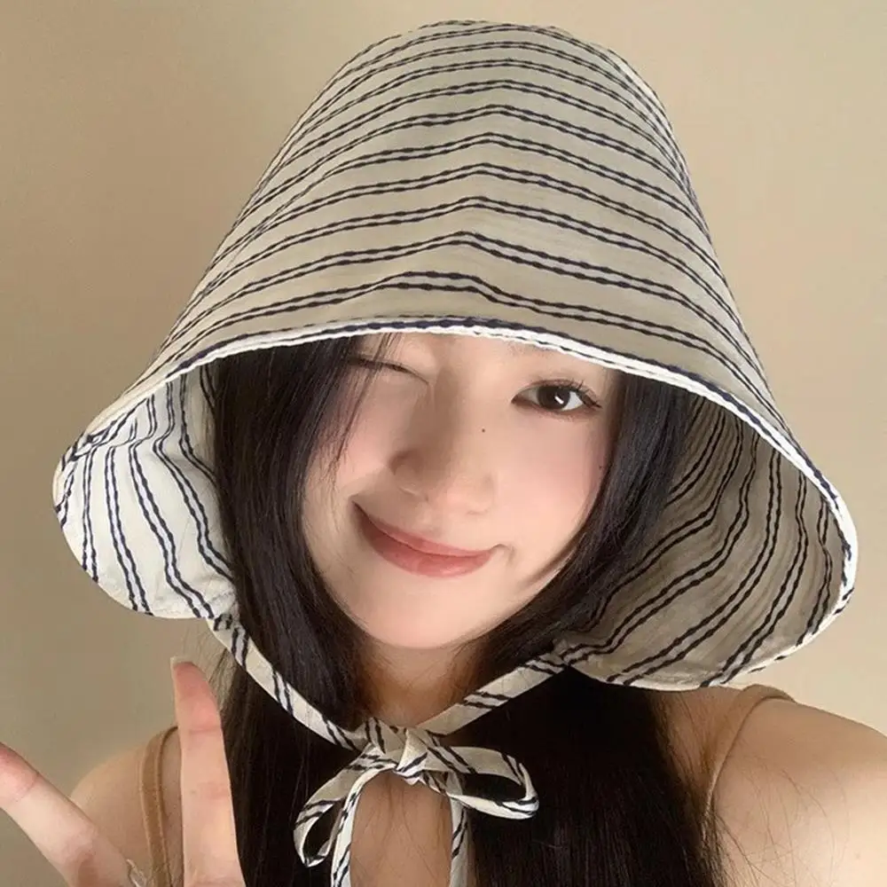

НОВАЯ складная рыбацкая кепка в полоску с большими полями и длинными полями, солнцезащитный козырек, пляжная шляпа-ведро, шляпа-ведро на шнуровке 2025