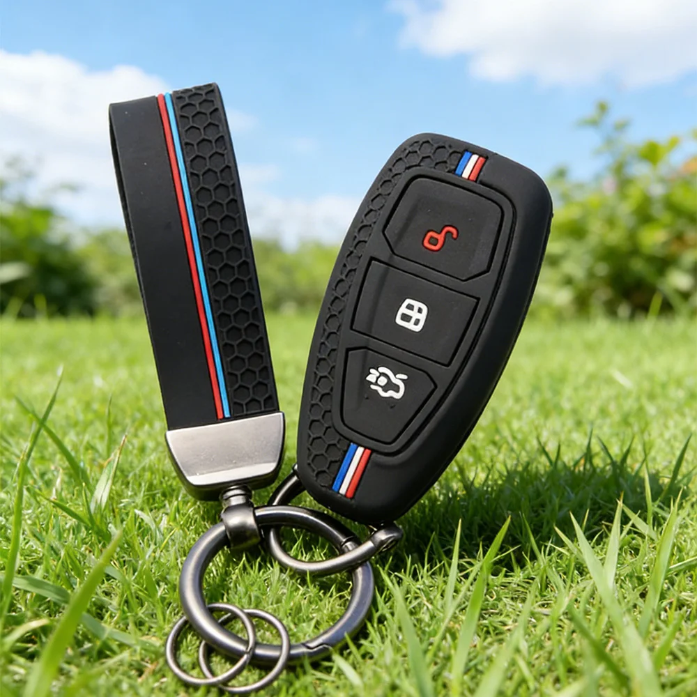 Grippy Honeycomb Silicone Key Fob Cover With Keychain for Ford ST Line Fiesta Focus Mondeo Ecosport Kuga Puma Edge Escape