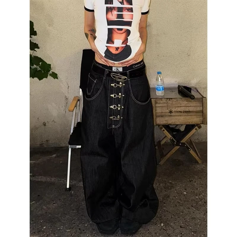 Women’s Metal Buckle Design Curved Wide-leg Jeans High Waist Straight Baggy Denim Pants Female Vintage Street Style Trouser