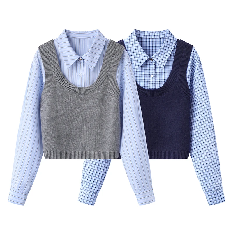 

Faionable Versatile Knit irt Collar Top Women's Sle Spring 2025 Small Size College Sle Fake Two-Piece Polyester Fiber