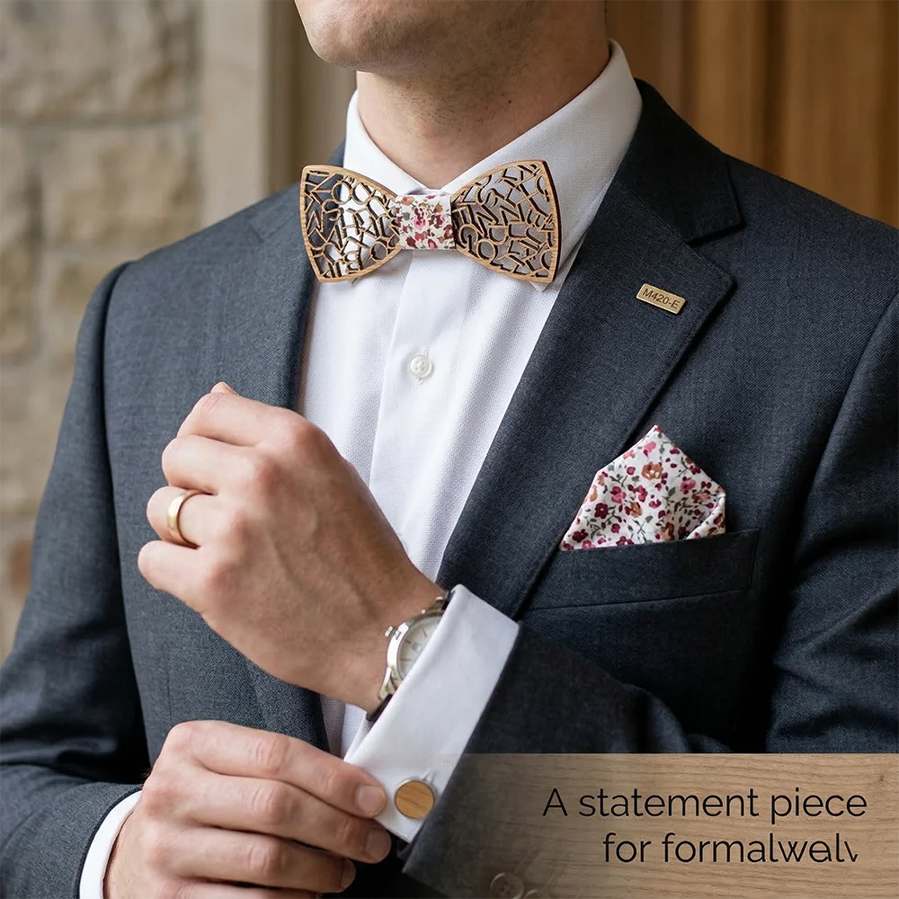 Wooden Bowtie Kit Handkerchief Cufflinks Tie Clip Wood Box - Hollow Pattern Maple Wood Unique Prom Night Clothing Accessory