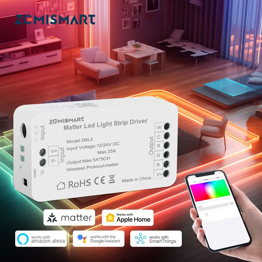 Matter Over WiFi Led Strip Light Controller RGB + CW Smart Led Driver Ondersteuning Smartthings Alexa Google Home App Homekit Controle