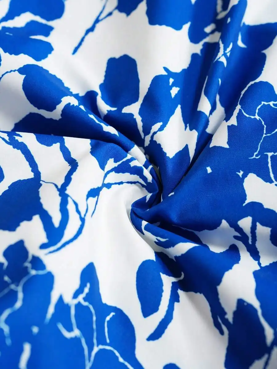 

Blue Printed A-Line Hollow Out Dress For Summer Beach Holiday Boho Style